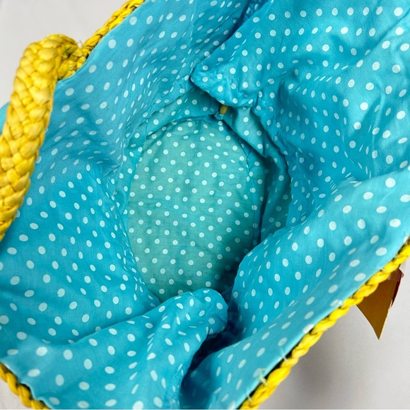 Woven Tote Beach Bag Large Bow Tie Embroidery Polka Dot Lined Yellow NWT Boho - Picture 9 of 13